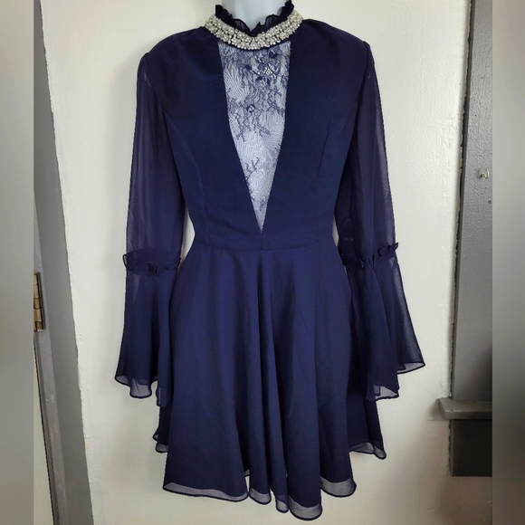 ASOS Tall Embellished Frill Neck Fluted Sleeve Mini Dress - Picture 2 of 15